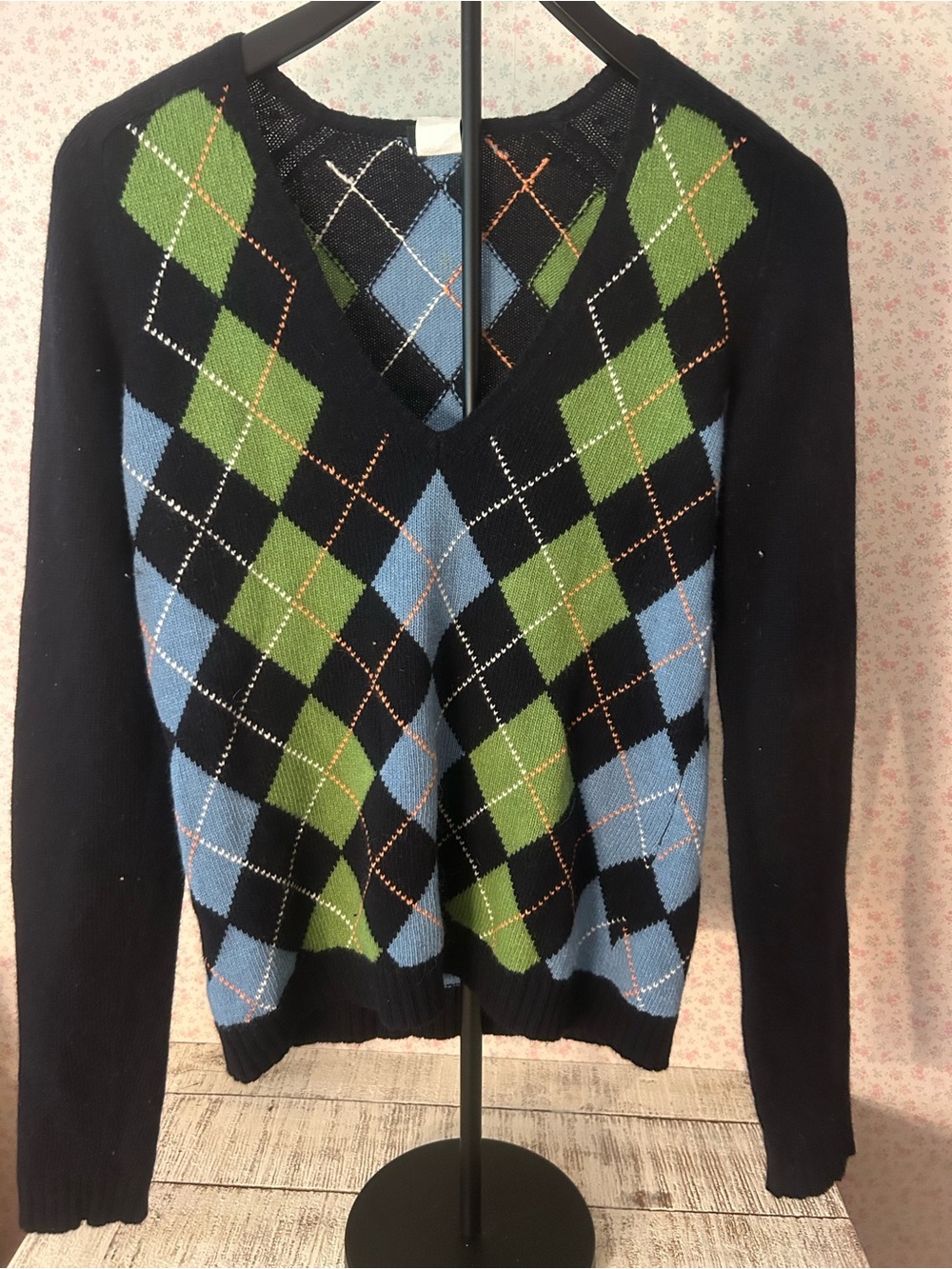 J. Crew Black V-Neck Argyle Sweater with Blue and Green Diamonds